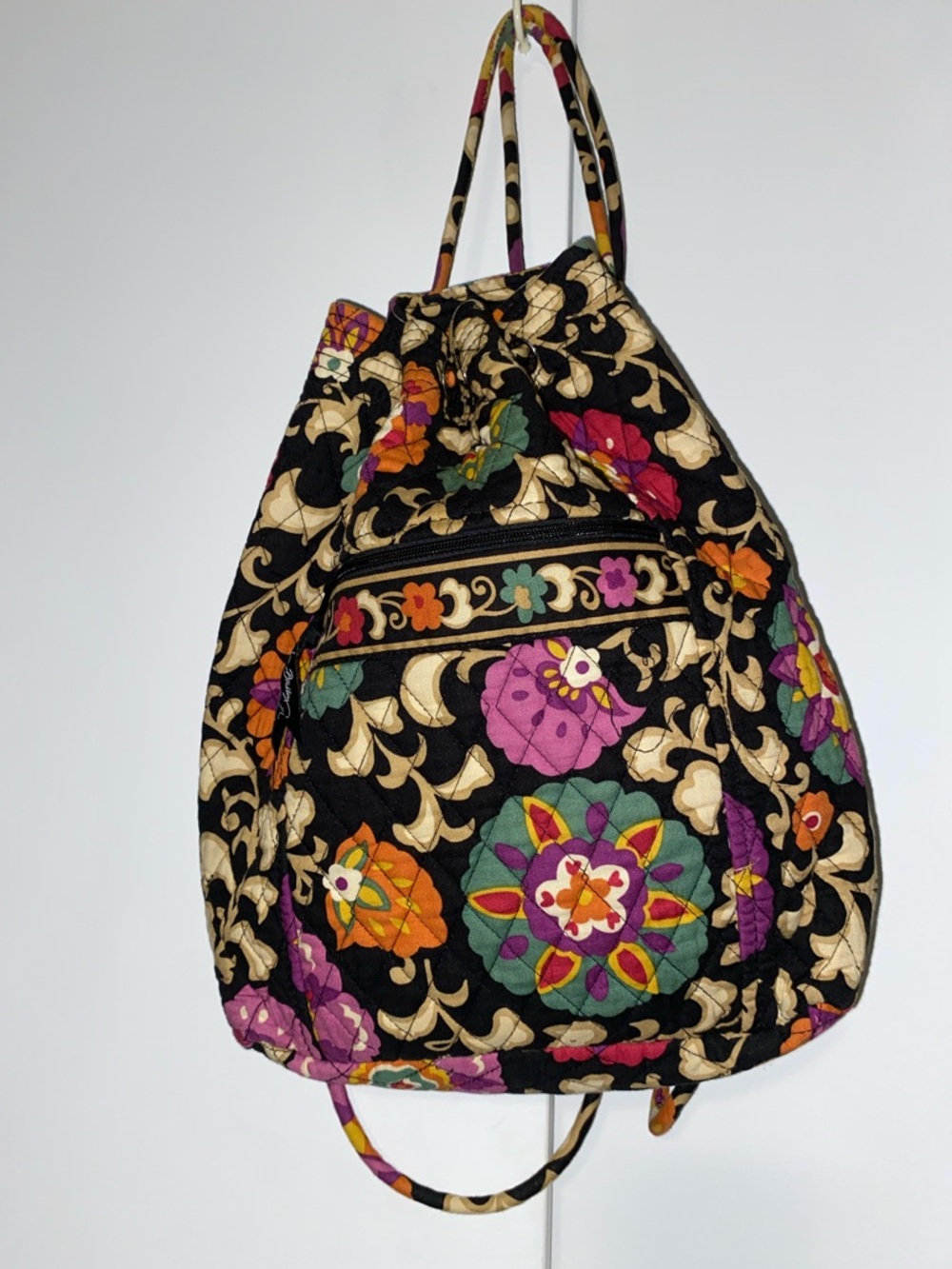 Vera Bradley Black Quilted Floral Drawstring Backpack with Multicolor Blooms